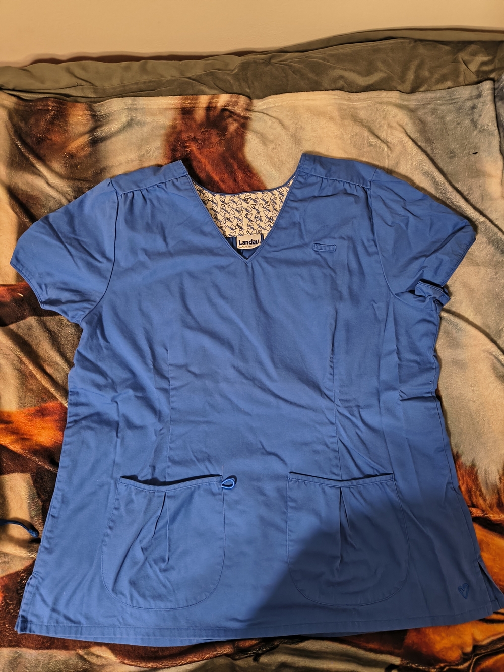 Landau Women's V-Neck Scrub Top in Royal Blue with Patterned Trim